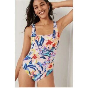New! Old Navy Size M Pink Square Neck One Piece Tropical Floral Print Swimsuit